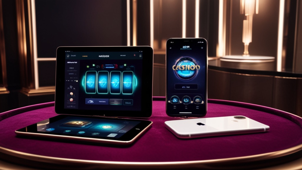 Smartphone en tablet met mobiele casino-installatie op een donkere casinotafel