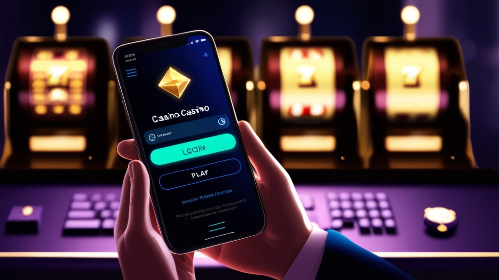 Mobiele casino-login op een smartphone met donkere casinolampen op de achtergrond
