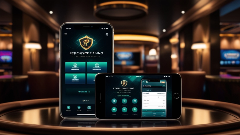Mobiele casino-interface op smartphone en tablet in een donkere casinoruimte