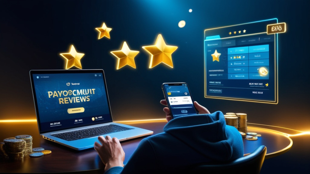 Speler leest uitbetalingsreviews op laptop in een donkere casinoruimte